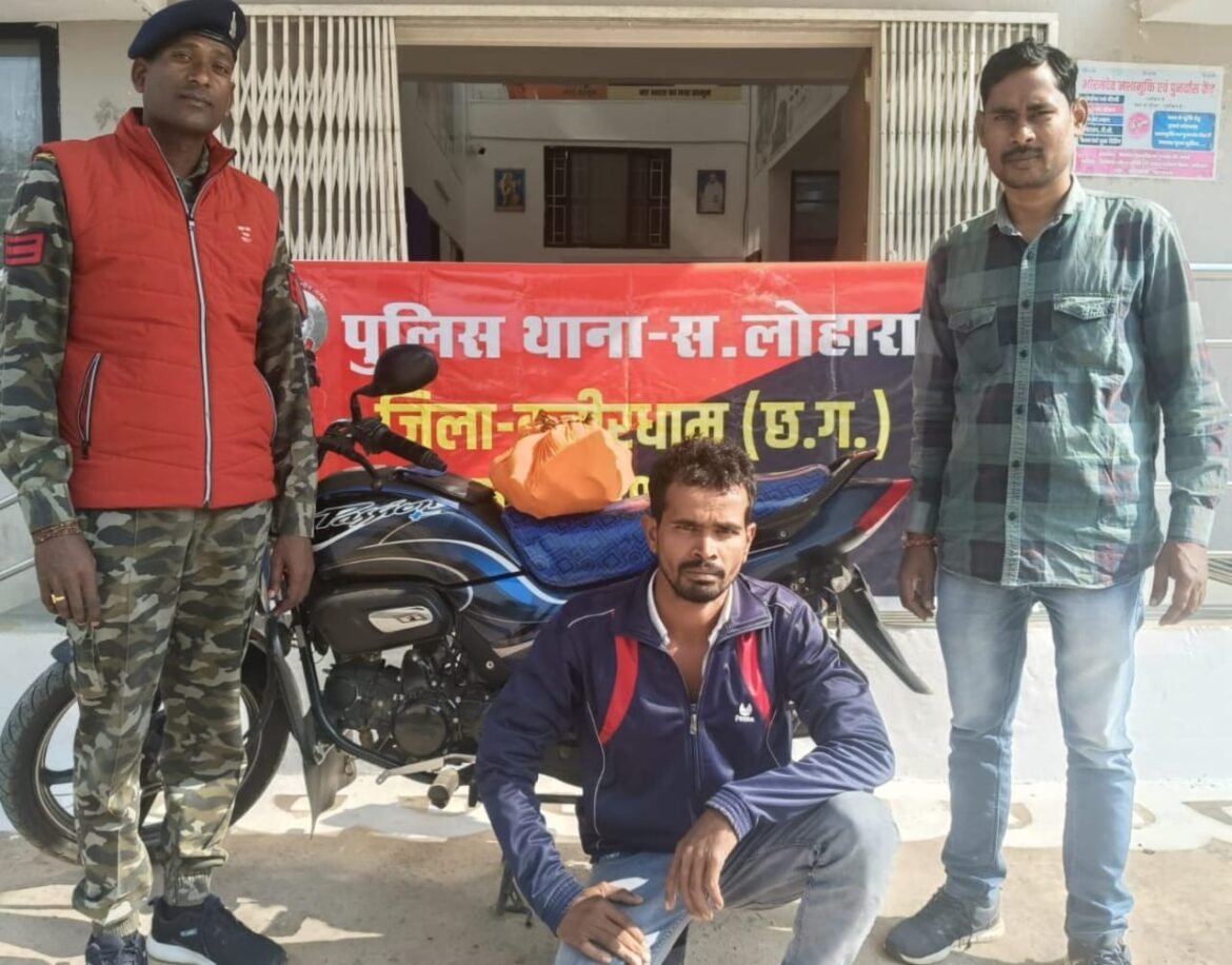 “लोहारा पुलिस द्वारा अवैध शराब और मोटरसाइकिल जप्त की गई सामग्री।”