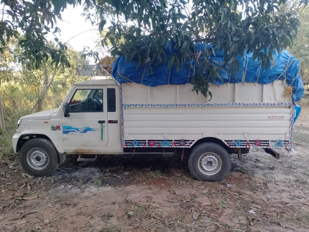 जशपुर पुलिस द्वारा अवैध धान परिवहन करते पिकअप वाहन की जांच करते पुलिसकर्मी