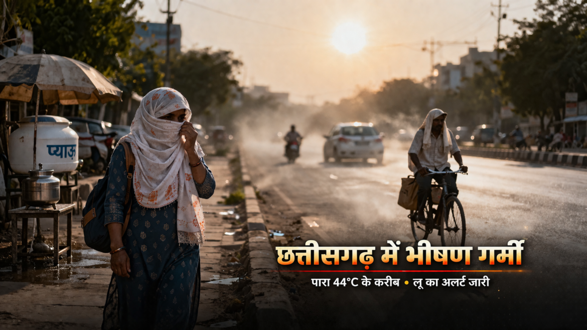 छत्तीसगढ़ में तेज गर्मी के दौरान धूप में चलते लोग और गर्म हवाओं का असर