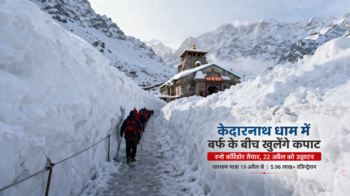 केदारनाथ धाम में बर्फ के बीच बना स्नो कॉरिडोर और मंदिर की ओर जाता रास्ता
