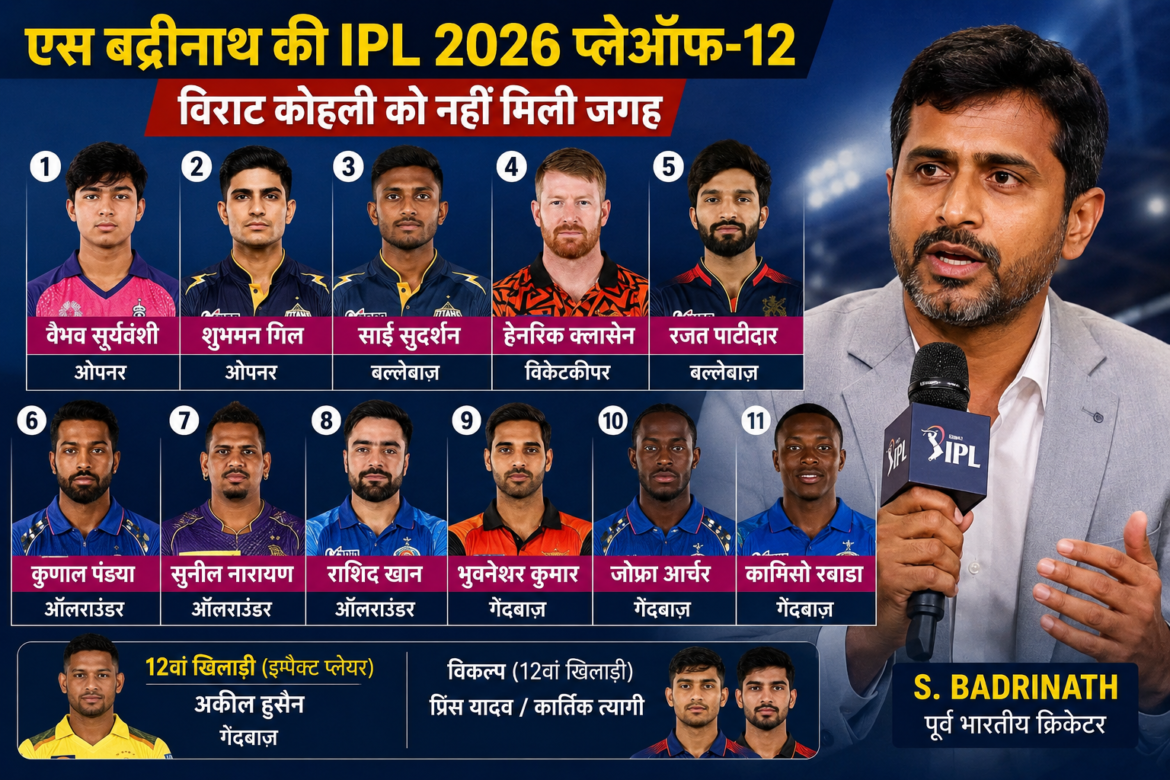 एस बद्रीनाथ द्वारा चुनी गई IPL 2026 की बेस्ट प्लेइंग-12 टीम, जिसमें विराट कोहली को जगह नहीं मिली।