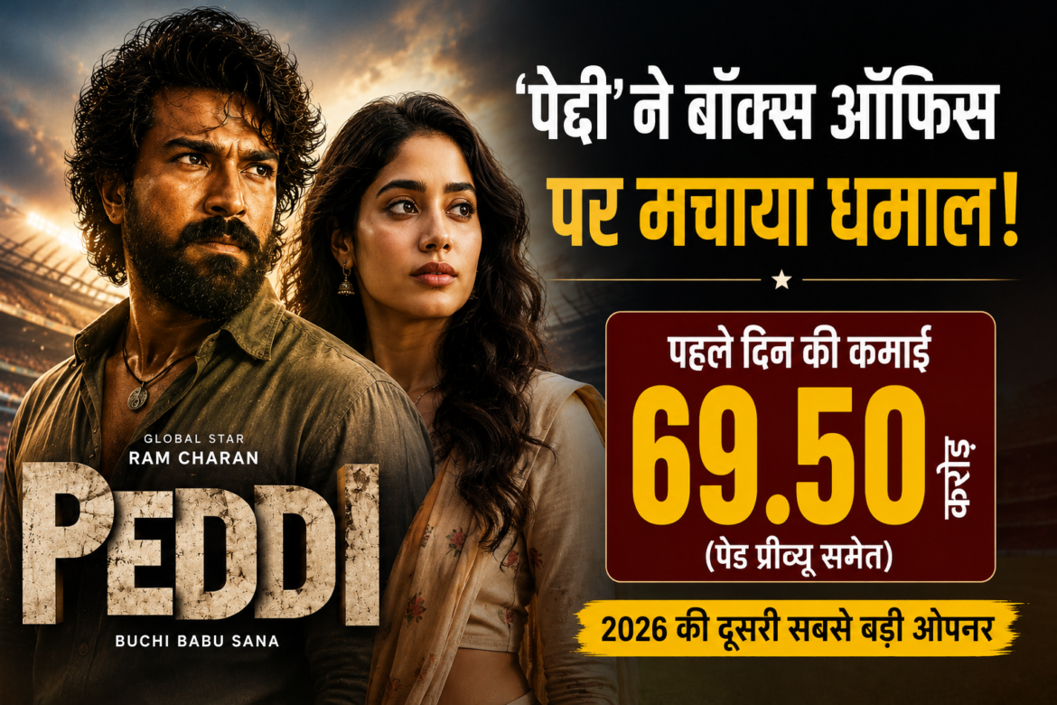 राम चरण और जाह्नवी कपूर की फिल्म पेद्दी का बॉक्स ऑफिस पोस्टर, पहले दिन 69.50 करोड़ की कमाई।