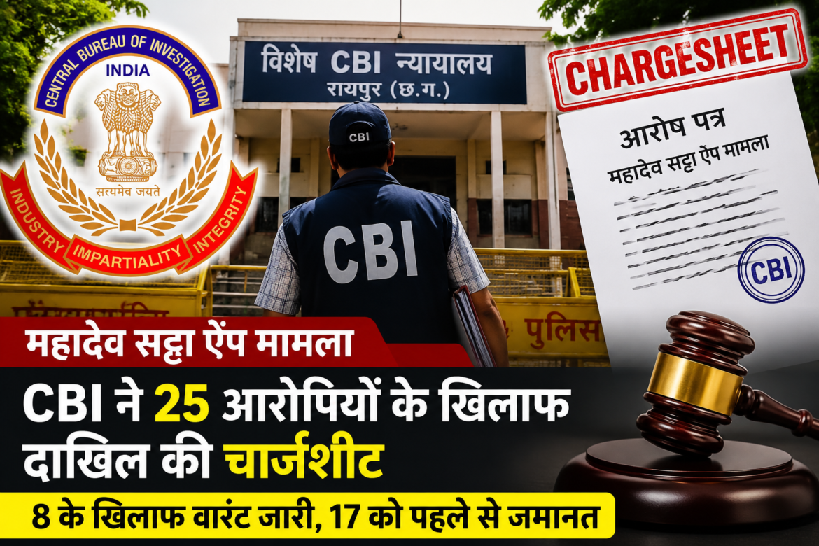 महादेव सट्टा ऐप मामले में सीबीआई द्वारा रायपुर की विशेष अदालत में 25 आरोपियों के खिलाफ चार्जशीट दाखिल किए जाने से संबंधित समाचार।