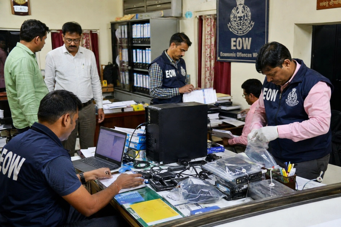 ईओडब्ल्यू की टीम भिलाई में शराब घोटाला जांच के दौरान ऑडिट फर्म के कार्यालय में दस्तावेजों की जांच करती हुई।