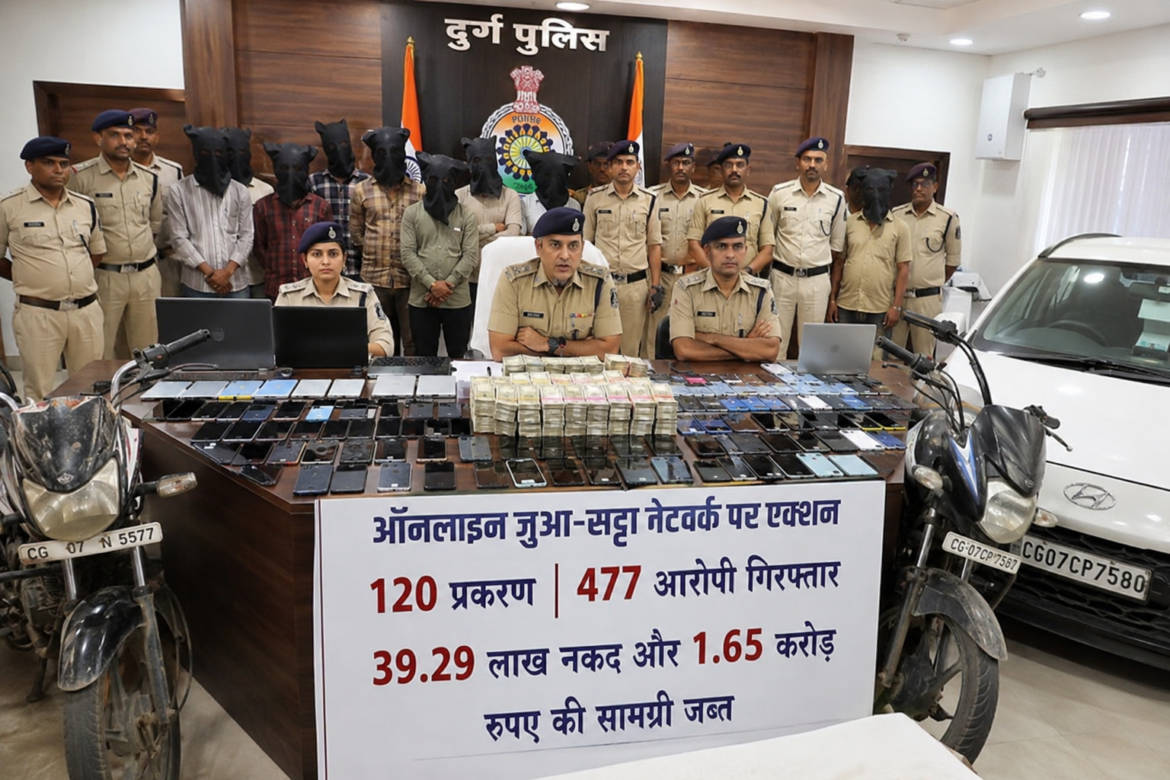 ऑनलाइन जुआ और सट्टा नेटवर्क के खिलाफ कार्रवाई की जानकारी देते दुर्ग पुलिस अधिकारी
