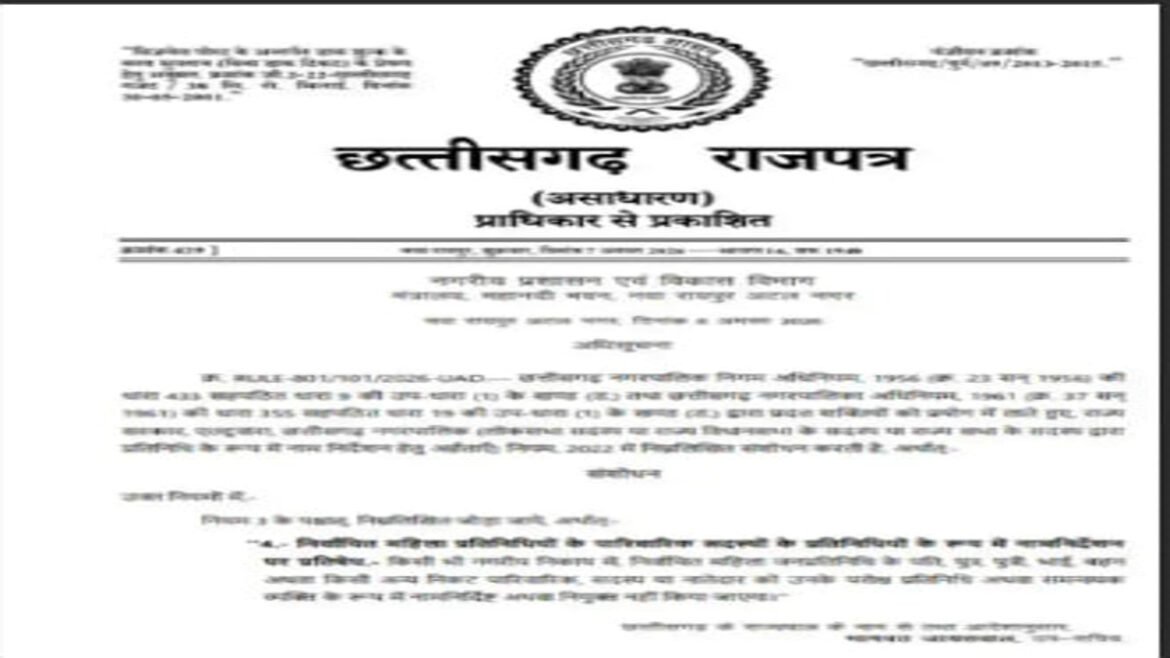 छत्तीसगढ़ में ‘पार्षद पति’ व्यवस्था पर रोक, महिला जनप्रतिनिधियों के काम में अब परिवार का दखल नहीं